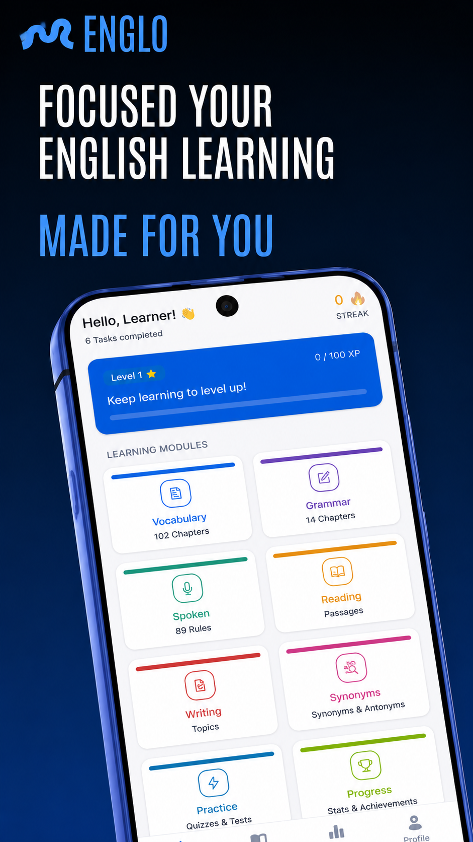 Englo home screen showing learning modules for Vocabulary, Grammar, Spoken, Reading and more